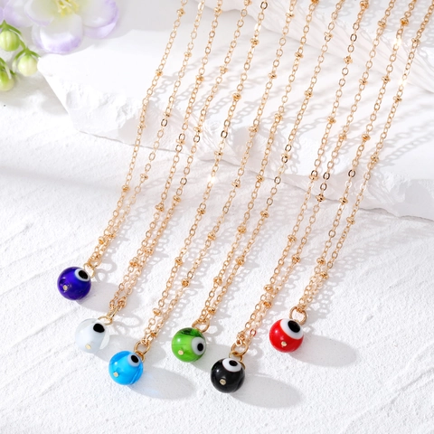 Retro Ethnic Resin Evil Eye Pendant Necklace Alloy Gold Silver Bead Satellite Chain Lucky Protection Jewelry For Women