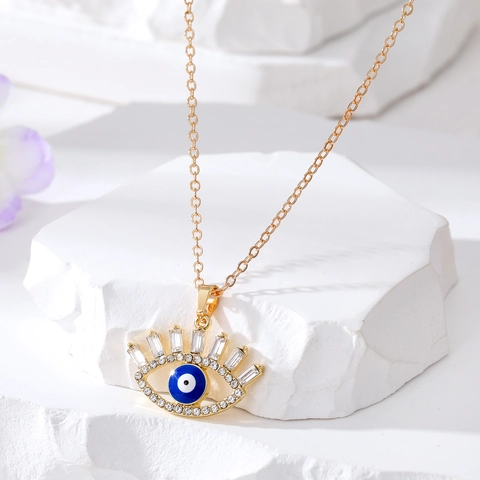Collier Pendentif Mauvais Œil Vintage Ethnique pour Femmes Plaqué Or Émail Strass Œil avec Cils Chaîne de Pull Bijoux
