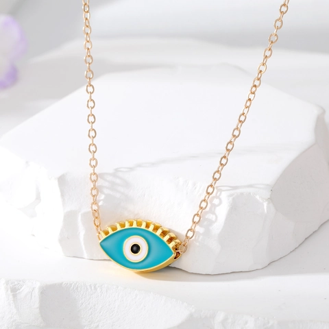 Collier Pendentif Mauvais Œil en Alliage Plaqué Or Boho Émail Coloré Cils Collier de Chaîne Bijoux Femme Cadeau