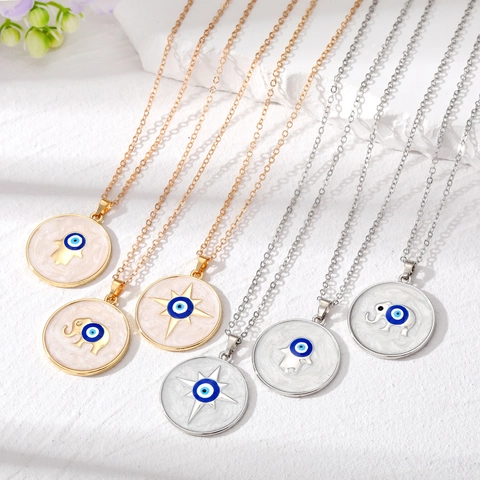 Böser Blick Halskette Legierung Hand Der Fatima Elefant Anhänger Rund Emaille Vintage Ethnischer Schmuck Für Damen Dekoration Gold Silber