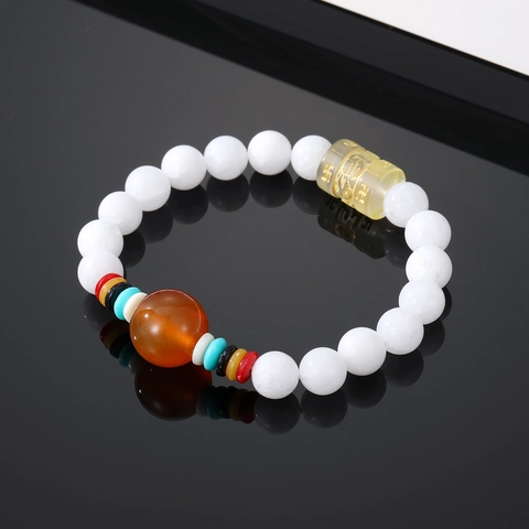 Vintage Agate Cat's Eye Stone Handmade Beaded Bracelet Unisex Buddhist Six-Character Mantra Swastika Ethnic Jewelry Bracelet