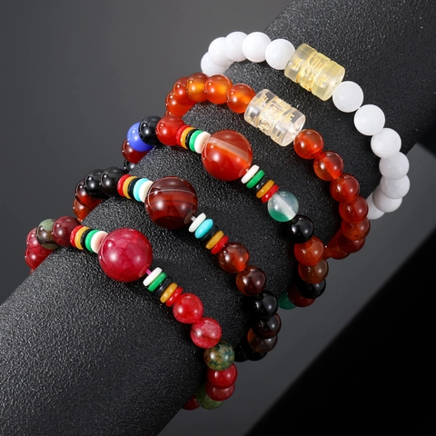 Vintage Agate Cat's Eye Stone Handmade Beaded Bracelet Unisex Buddhist Six-Character Mantra Swastika Ethnic Jewelry Bracelet