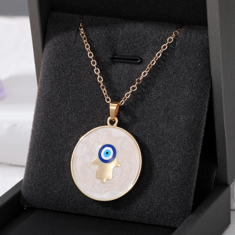 Böser Blick Halskette Legierung Hand Der Fatima Elefant Anhänger Rund Emaille Vintage Ethnischer Schmuck Für Damen Dekoration Gold Silber