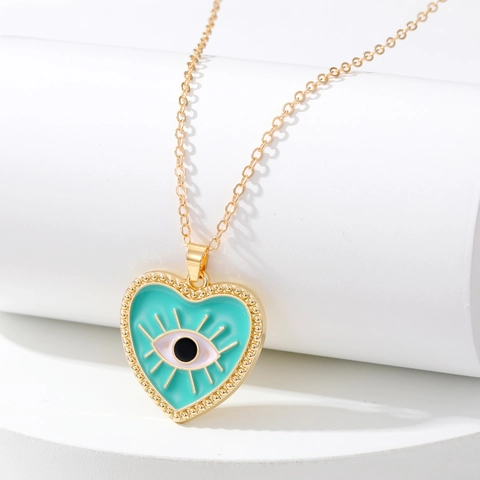 Collar con Colgante de Mal de Ojo de Corazón de Aleación Étnica Esmalte Ojo Turco Joyería Minimalista Tono Dorado Regalo para Mujeres Hombres