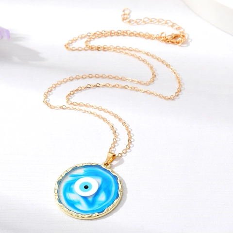 Round Evil Eye Pendant Necklace For Women Alloy Resin Drip Glue Turkish Blue Eye Geometric Gold Chain Jewelry Gift
