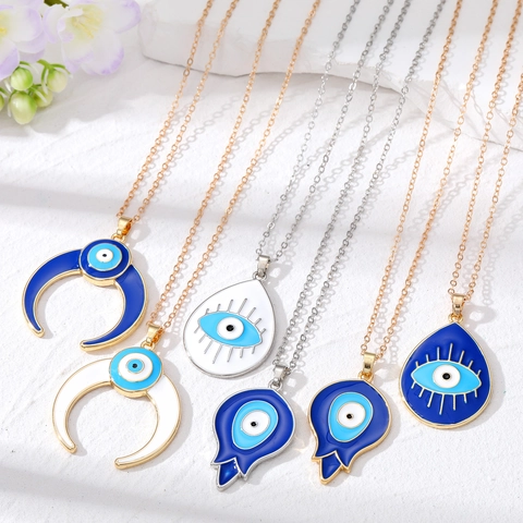 Vintage Ethnic Evil Eye Moon Water Drop Pendant Necklace Alloy Electroplated Enamel Turkish Blue Eye Jewelry For Unisex Daily Wear