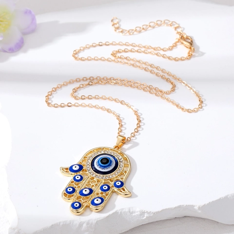 Vintage Ethnic Hamsa Hand Evil Eye Pendant Necklace For Women Men Alloy Rhinestone Enamel Hollow Turkish Eye Protection Jewelry Gift