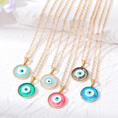Vintage Alloy Resin Evil Eye Pendant Necklace For Women Gold Plated Round Turkish Blue Eye Contrast Color Jewelry Gift