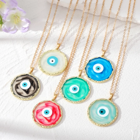 Round Evil Eye Pendant Necklace For Women Alloy Resin Drip Glue Turkish Blue Eye Geometric Gold Chain Jewelry Gift