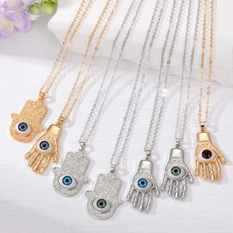 Collier Pendentif Main De Fatima Mauvais Œil Bohème Alliage Vintage Électroplaqué Chaîne Pull Déclaration Pour Femmes Hommes Bijoux