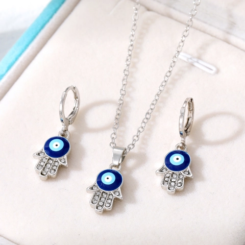 Vintage Hand der Fatima Böser Blick Schmuckset Legierung Strass Anhänger Halskette Und Ohrringe Boho Amulett Damen Schmuck