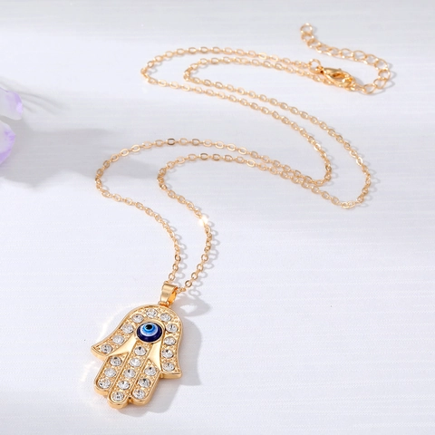 Böhmisch Legierung Strass Böser Blick Herz Anhänger Halskette Hand Der Fatima Ausschnitt Ethno-Stil Schmuck Für Damen Party Geschenk