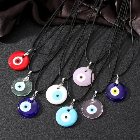 Vintage Turkish Evil Eye Glass Pendant Necklace Round Blue Eye Handmade Glass Jewelry Braided Rope Sweater Chain For Women Men