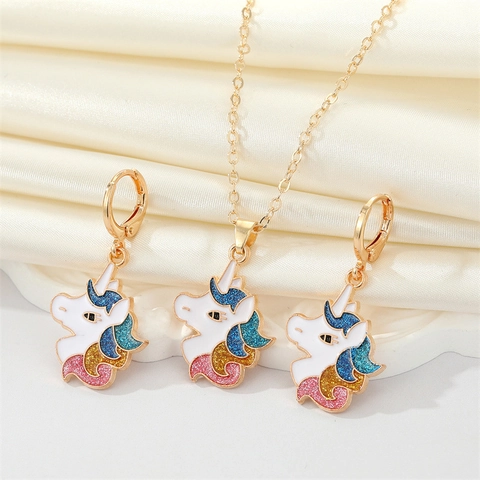Cute Colorful Glitter Unicorn Necklace And Earrings Set Alloy Animal Pendant Fashion Jewelry For Women Girls Kids Gift