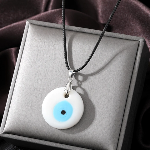 Vintage Turkish Evil Eye Glass Pendant Necklace Round Blue Eye Handmade Glass Jewelry Braided Rope Sweater Chain For Women Men