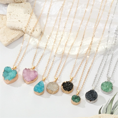 Natuurlijke Druzy Steen Hanger Halsketting Vintage Minimalistisch Hart Rond Waterdruppel Geometrie Goud Zilveren Ketting Vrouwen Sieraden