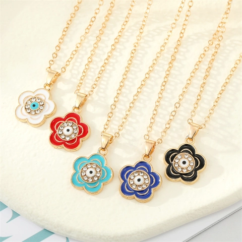 Collar con Colgante de Flor de Ojo Turco de Aleación Bohemia Cadena Bañada en Oro Strass Retro Étnico Joyería de Mujer