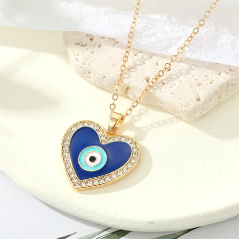 Collana Etnica Vintage con Ciondolo a Cuore Malocchio Placcata in Oro Lega Strass Smalto Blu Nazar Gioielli da Donna