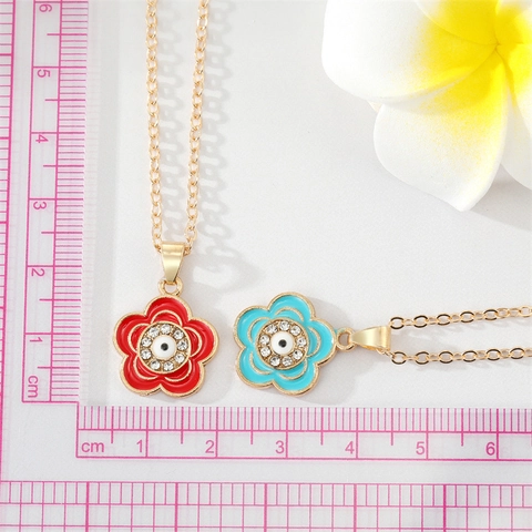 Collar con Colgante de Flor de Ojo Turco de Aleación Bohemia Cadena Bañada en Oro Strass Retro Étnico Joyería de Mujer