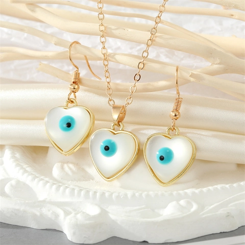 European Minimalist Evil Eye Pendant Necklace Earrings Turkish Nazar Heart Round Shape Gold Plated Alloy Stone Jewelry For Women