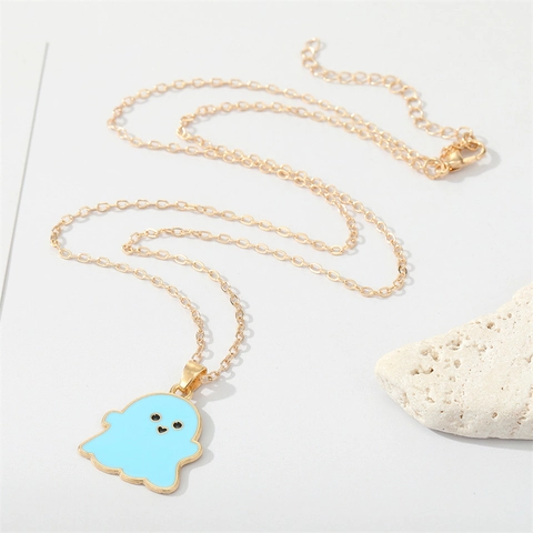 Niedliche Cartoon Geist Anhänger Halskette Für Damen Halloween Bonbonfarbe Legierung Emaille Schlüsselbein Kette Schmuck