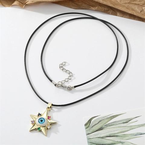 Collana con Ciondolo a Stella Occhio del Diavolo in Lega Strass Multicolore Geometrico Corda Nera Gioielli per Uomo Donna