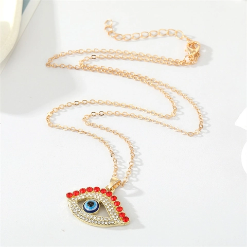 Collar de Pendiente de Ojo Turco de Aleación Vintage para Mujer Retro Hueco Strass Rojo Pestañas Ojo del Diablo Joyería