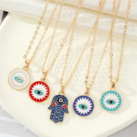 Collana con Pendente Malocchio Mano di Fatima in Lega Smaltata Vintage Gioielli Etnici Turchi Placcati Oro per Donna Uomo