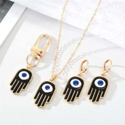 Gothischer Vintage Schwarz Hamsa Hand Böser Blick Halskette Ohrringe Schlüsselanhänger Legierung Emaille Schmuckset Damen