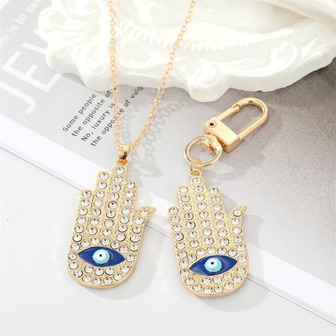 Collier Pendentif Main de Fatma avec Mauvais Oeil en Strass Plqué Or Bijoux de Style Ethnique pour Femmes Cadeau