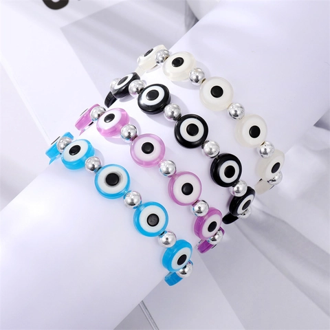 Bracelet Perles Mauvais Œil Rétro Exquis pour Femmes Bracelet Élastique en Résine Colorée Bijoux en Alliage Style Ethnique