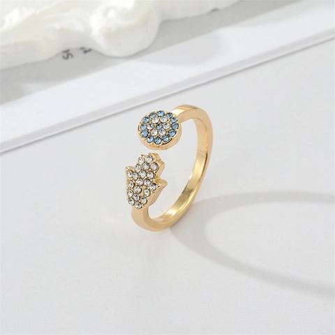Anello Aperto Bohemien in Lega con Strass Occhio del Male Mano di Fatima per Donna Regolabile Vintage Placcato Oro Argento Gioielli