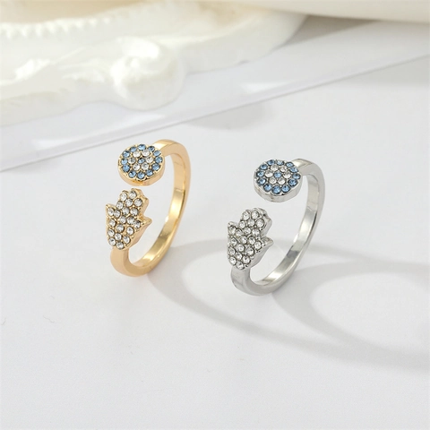 Anello Aperto Bohemien in Lega con Strass Occhio del Male Mano di Fatima per Donna Regolabile Vintage Placcato Oro Argento Gioielli