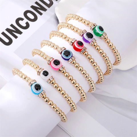 Handmade Beaded Evil Eye Elastic Bracelet Gold Plated Alloy Rhinestone Charms Colorful Eye Ball Stretch Bangle Jewelry For Women