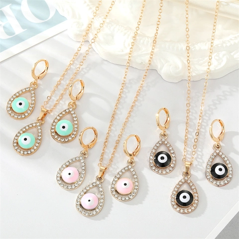 Legering Waterdruppel Boze Oog Sieraden Strass Hanger Halsketting Druppel Oorbellen Voor Vrouwen Vergulde Mode Sieraden