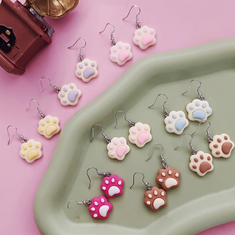Cute Resin Cat Paw Drop Earrings For Women Girls Cartoon Animal Shape Alloy Earring Hook Fashion Jewelry Gift Everyday Wear