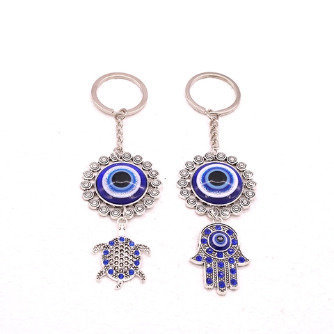 Vintage Silver Alloy Evil Eye Keychain Rhinestone Turtle Hamsa Hand Fatima Bag Pendant Blue Resin Charm Jewelry Gift