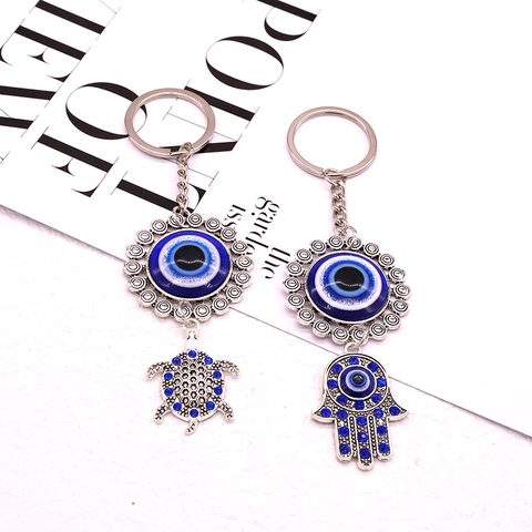 Vintage Silver Alloy Evil Eye Keychain Rhinestone Turtle Hamsa Hand Fatima Bag Pendant Blue Resin Charm Jewelry Gift