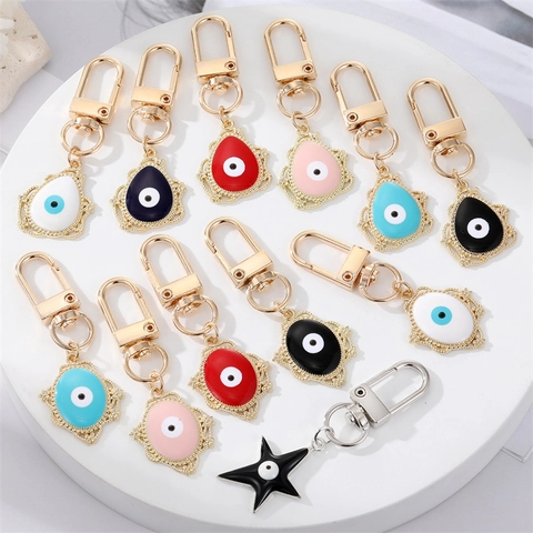 Enamel Evil Eye Metal Keychain For Women Vintage Boho Geometric Star Oval Waterdrop Pendant Bag Hanging Accessories Jewelry