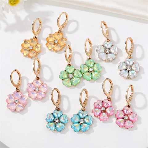 Orecchini a Goccia in Lega a Forma di Fiore di Cristallo Colorato Vintage per Donna Eleganti Orecchini a Cerchio Floreali con Strass
