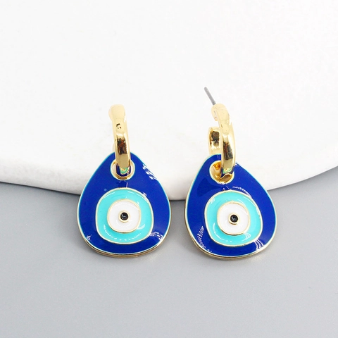 Vintage Alloy Enamel Evil Eye Hook Earrings For Women Blue Water Drop Pendant Gold Plated Bohemian Jewelry Gift