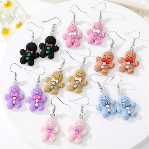 Cute Resin Christmas Gingerbread Man Drop Earrings For Women Girls Cartoon Bowknot Festival Party Alloy Jewelry Gift