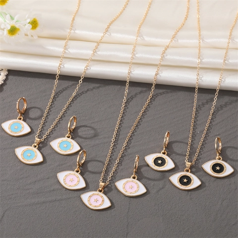 Vintage Evil Eye Jewelry Set Gold Plated Alloy Enamel Star Pendant Necklace And Hoop Earrings For Women Fashion Jewelry