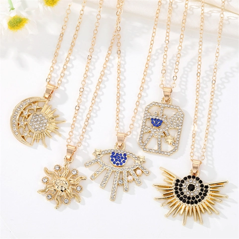 Bohemian Alloy Rhinestone Sun Moon Evil Eye Pendant Necklace For Women Vintage Gold Plated Star Cross Chain Jewelry