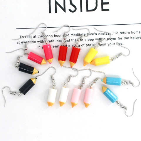 Creative Pencil Shaped Resin Drop Earrings Fun Stationery Theme Alloy Ear Hook Dangle Earrings For Women Girls School Gift