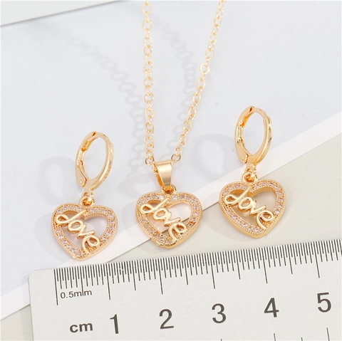 Fashion Alloy Rhinestone Heart Love Letter Pendant Necklace Earrings Jewelry Set For Women Gold Plated Elegant Jewelry