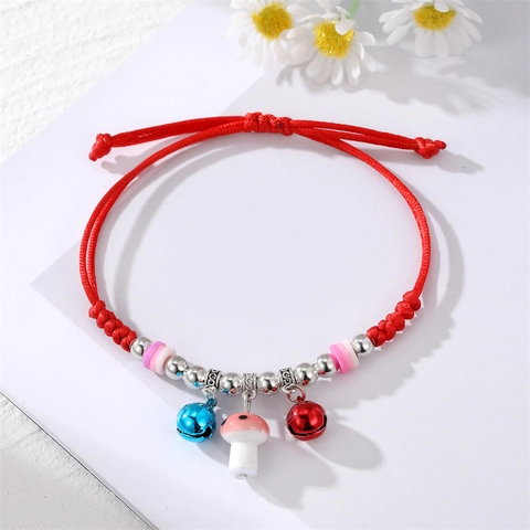 Handmade Woven Red String Bracelet With Mushroom Bell Pendants Cute Adjustable Jewelry For Women Girls Gift