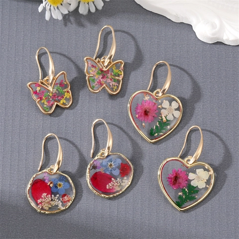 Handmade Natural Real Dried Flower Resin Drop Earrings For Women Gold Alloy Butterfly Heart Round Pastoral Jewelry Gift