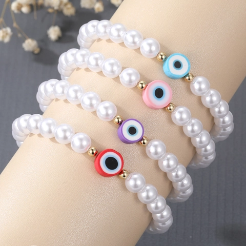 Bracciale in Perline di Süßwasserperle Artificiali Retro Malocchio Elastico Moda Portafortuna Gioielli per Donna Accessorio Quotidiano