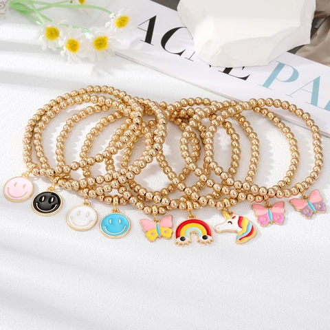 Cute Gold Beaded Bracelet With Enamel Smiley Face Butterfly Unicorn Rainbow Charms Cartoon Jewelry For Women Kids Girls